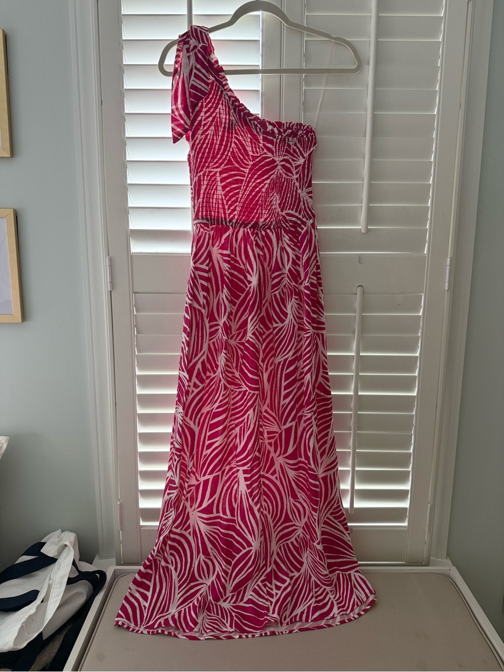 One-Shoulder Pink & White Maxi Dress